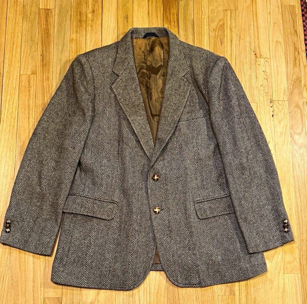 Haggar Wool Tweed Herringbone Sport Coat Blazer 42R Brown Two-Button - Ivy style